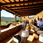**Artisan Cheese Tasting in Spain:** A scenic view of a rustic Spanish cheese farm. Patrons savor artisan cheeses with wine, learning about the fermentation process. Cheese varieties include Manchego and Tetilla. Focus on a warm, inviting atmosphere and emphasize the natural, traditional elements.