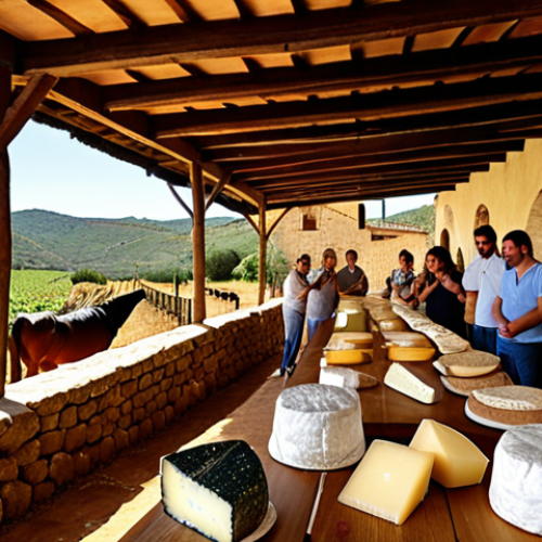 **Artisan Cheese Tasting in Spain:** A scenic view of a rustic Spanish cheese farm. Patrons savor artisan cheeses with wine, learning about the fermentation process. Cheese varieties include Manchego and Tetilla. Focus on a warm, inviting atmosphere and emphasize the natural, traditional elements.