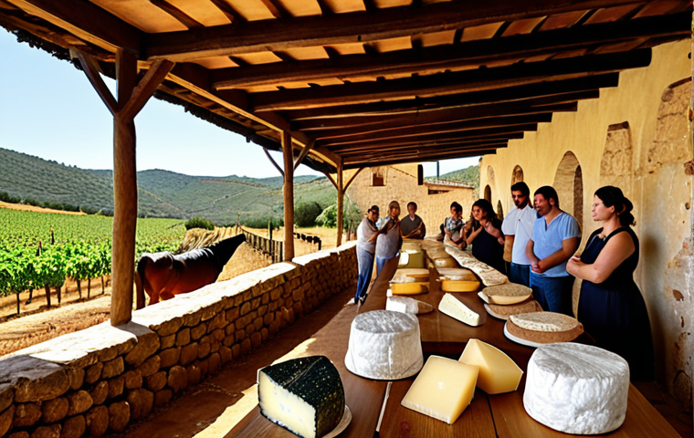 **Artisan Cheese Tasting in Spain:** A scenic view of a rustic Spanish cheese farm. Patrons savor artisan cheeses with wine, learning about the fermentation process. Cheese varieties include Manchego and Tetilla. Focus on a warm, inviting atmosphere and emphasize the natural, traditional elements.