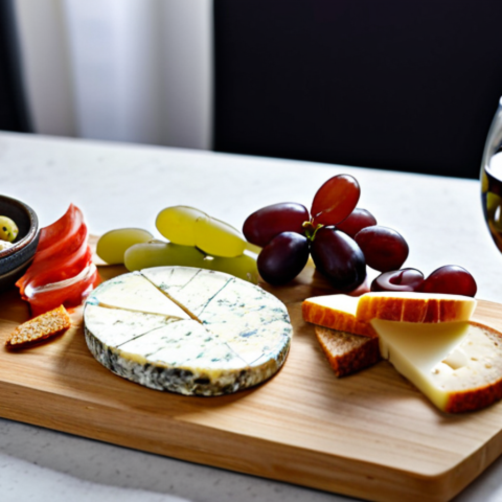 Iberian Fermented Cheese Snack**

"A beautifully arranged charcuterie board featuring bite-sized portions of various Spanish fermented cheeses (Manchego, Idiazabal) alongside olives, grapes, and crusty bread. The cheese is presented in innovative ways, such as rolled into small croquettes or formed into mini-chips. Focus on textures and vibrant colors.  Appropriate content, professional food photography, perfect composition, natural lighting, fully clothed setting, safe for work, modest presentation."

**