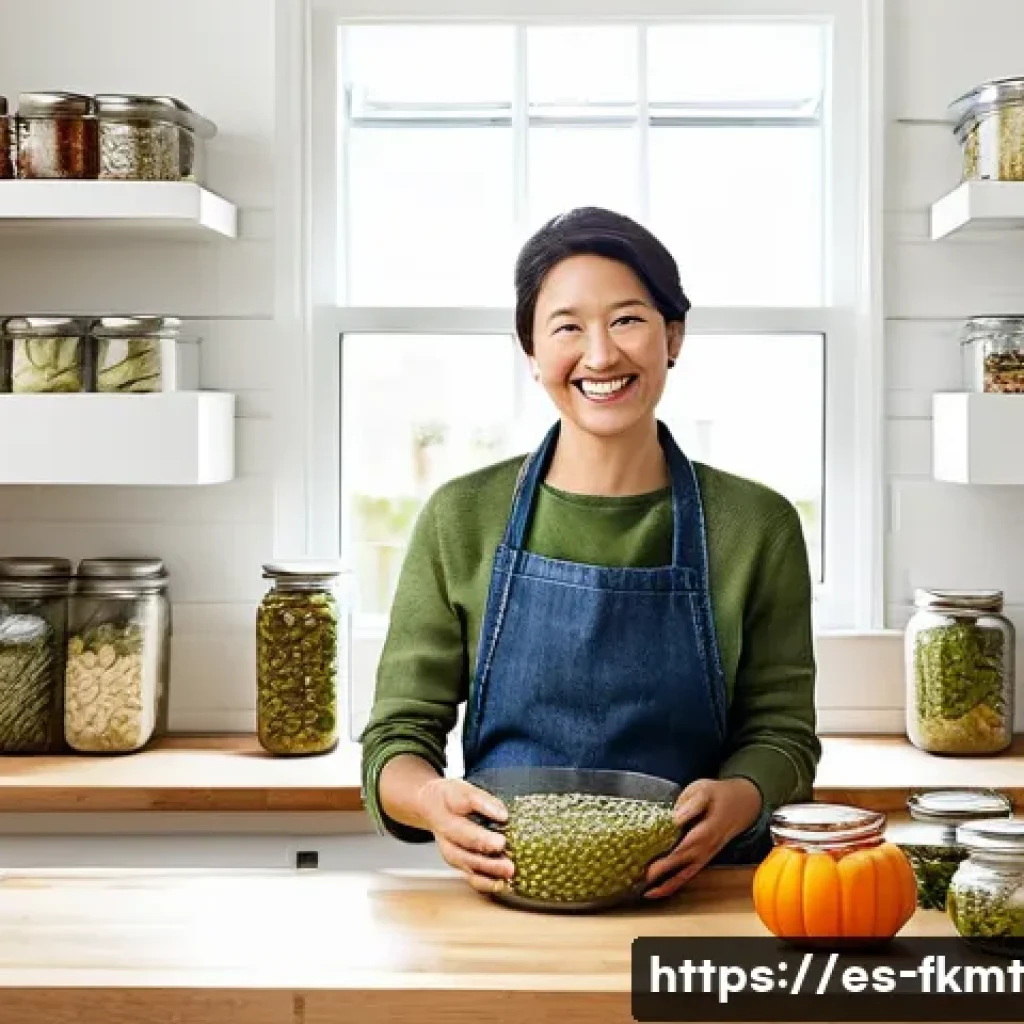 발효식품의 지속 가능한 생산 방법 - **Zero-Waste Fermentation in a Bright Kitchen**
    A cheerful, well-lit kitchen scene. A person, ap...