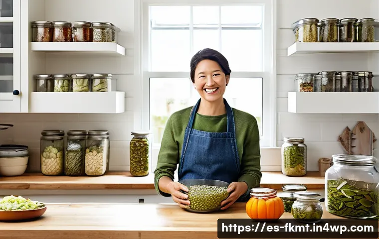 발효식품의 지속 가능한 생산 방법 - **Zero-Waste Fermentation in a Bright Kitchen**
    A cheerful, well-lit kitchen scene. A person, ap...