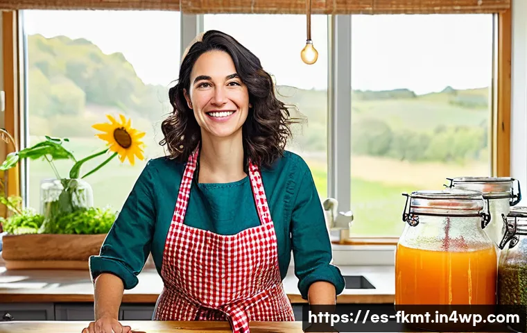전통 발효식품의 과거와 현재 비교 - **Prompt:** A vibrant and inviting scene in a sun-drenched, rustic-chic kitchen. A female food blogg...