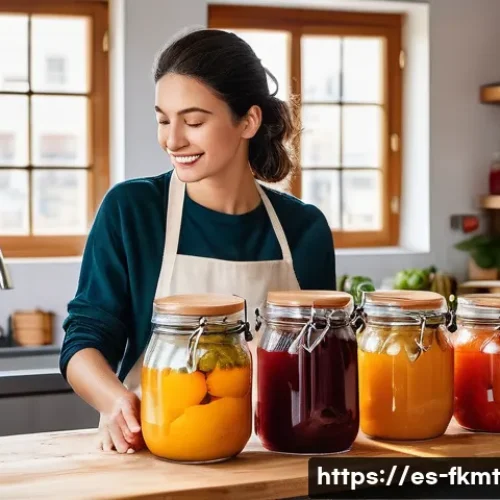 발효식품의 현대적 혁신과 창의성 - A vibrant urban kitchen scene in a small Spanish apartment, showcasing a young adult carefully prepa...