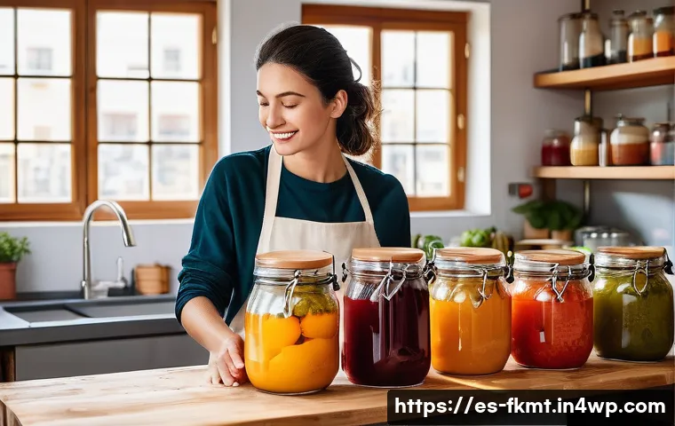발효식품의 현대적 혁신과 창의성 - A vibrant urban kitchen scene in a small Spanish apartment, showcasing a young adult carefully prepa...