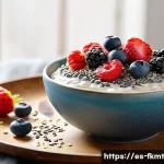 전통 발효식품을 활용한 다이어트 레시피 - A vibrant, inviting breakfast bowl featuring creamy kefir topped with fresh mixed berries, chia seed...