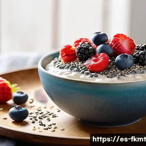 전통 발효식품을 활용한 다이어트 레시피 - A vibrant, inviting breakfast bowl featuring creamy kefir topped with fresh mixed berries, chia seed...