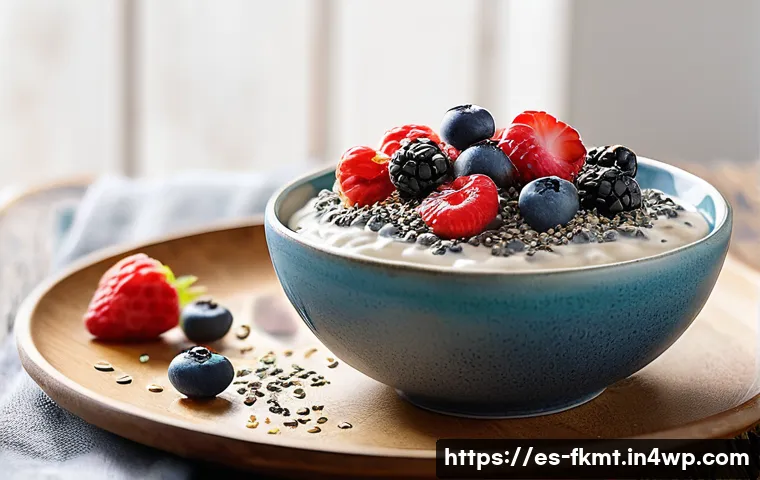 전통 발효식품을 활용한 다이어트 레시피 - A vibrant, inviting breakfast bowl featuring creamy kefir topped with fresh mixed berries, chia seed...