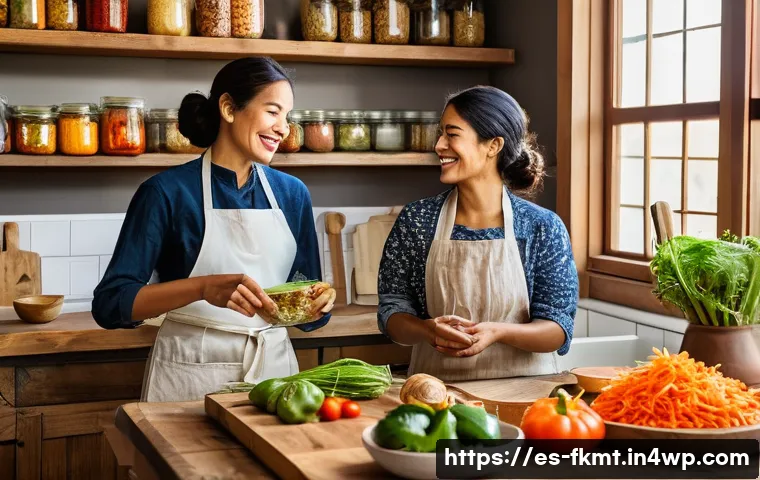전통 발효식품의 영양학적 가치 - A vibrant kitchen scene featuring a Hispanic family preparing traditional fermented foods like kimch...