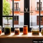 Home 21 전통 발효식품의 현대적 적용 사례 - A vibrant contemporary Spanish kitchen scene featuring a rustic wooden table with an assortment of f...
