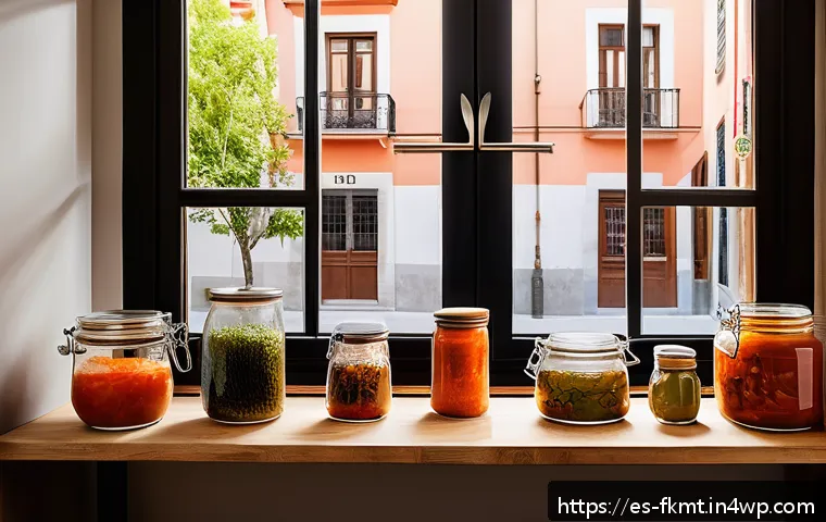 전통 발효식품의 현대적 적용 사례 - A vibrant contemporary Spanish kitchen scene featuring a rustic wooden table with an assortment of f...