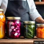 Home 19 전통 발효식품의 현대적 버전 레시피 공유 - A vibrant kitchen scene featuring a Spanish home cook preparing an array of colorful fermented veget...