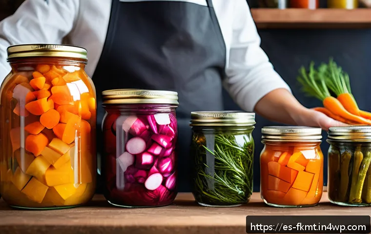 전통 발효식품의 현대적 버전 레시피 공유 - A vibrant kitchen scene featuring a Spanish home cook preparing an array of colorful fermented veget...