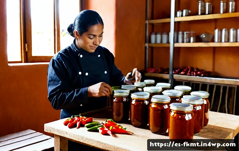 Home 17 전통 발효식품 현대화의 성공적인 사례 분석 - Photorealistic modern Mexican food workshop producing traditional fermented hot sauce, a skilled art...